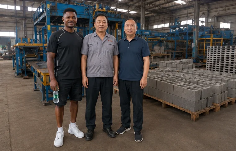 At a block and brick production line with factory staff